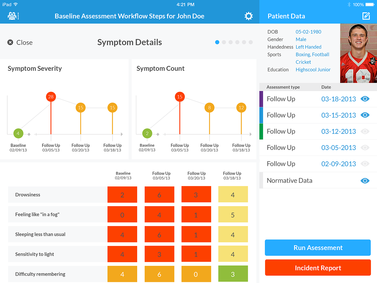 Baseline assessment screen within a concussion detection iPad app built for the Cleveland Clinic
